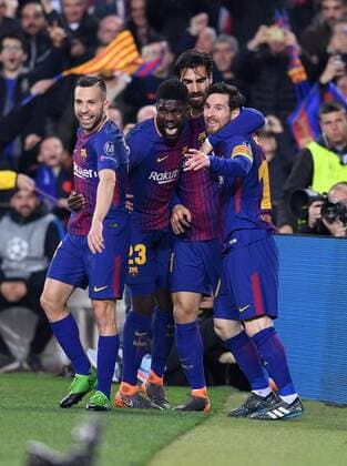FUSSBALL CHAMPIONS LEAGUE SAISON 2017 2018 ACHTELFINALE RUECKSPIEL FC Barcelona Barca - FC Chelsea London 14.03.2018 Torjubel: Jordi Alba, Samuel Umtiti, Andre Gomes und Lionel Messi (v.l., alle Barca) Barcelona