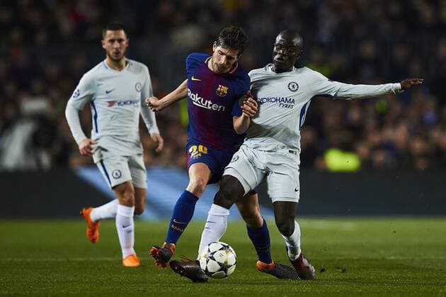 14.03.2018, xslx, Fussball Champions League Achtenfinale, FC Barcelona Barca - Chelsea London, emspor vl Sergi Roberto (FC Barcelona), Ngolo Kante (Chelsea London) Barcelona