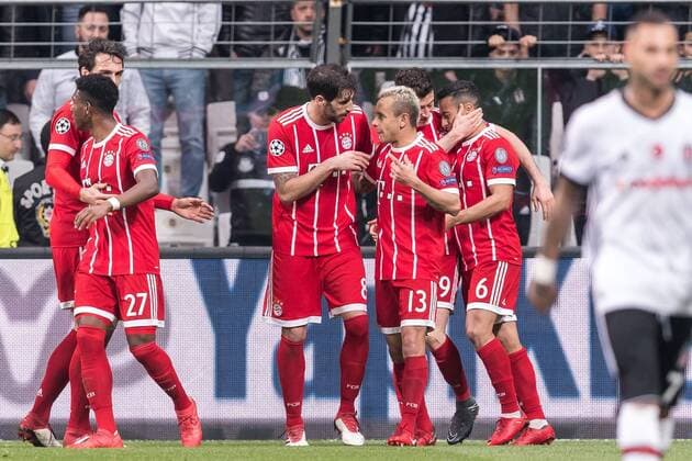 (L-R) Mats Hummels of FC Bayern Munich, David Alaba of FC Bayern Munich, Javi Martinez of FC Bayern Munich, Rafael Alcantara do Nascimento (Rafinha) of FC Bayern Munich, Robert Lewandowski of FC Bayern Munich, Thiago Alcantara do Nascimento of FC Bayern Munich during the UEFA Champions League round of 16 match between Besiktas AS and Bayern Munchen at the Vodafone Arena on March 14, 2018 in Istanbul, Turkey UEFA Champions League 2017 2018 xVIxVIxImagesx xGerritxvanxKeulenxIVx 10350105