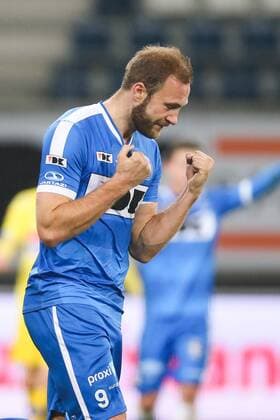 - GENT, BELGIUM: Gent s Laurent Depoitre celebrates after scoring during the Jupiler Pro League match between KAA Gent and Westerlo, in Gent, Saturday 07 February 2015, on day 25 of the Belgian soccer championship. BRUNOxFAHY x73083791x