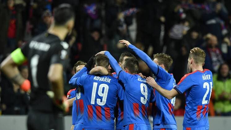 Players of Viktoria celebrate a goal during the second leg of the quarterfinal match of the Europe League in Pilsen, Czech Republic, March 15, 2018. (CTKxPhoto MichalxKamaryt) CTKPhotoP201803151072501  _KMT0103