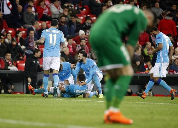 Olympique Marseille s Lucas Ocampos jubilates a goal during the UEFA Europa League round of 16 match between Athletic Bilbao and Olympique Marseille in Bilbao, Basque Country, Spain, 15 March 2018. Athletic Bilbao vs. Olympique Marseille !ACHTUNG: NUR REDAKTIONELLE NUTZUNG!  Copyright: xLuisxTejidox BIL06 20180315-636567454685172672