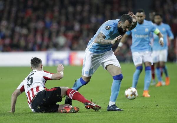 (L-R) *Kostas Mitroglou* of Olympique de Marseille during the Athletic Club Bilbao vs Olympique de Marseille, UEFA Europa League at San Mames Stadium in Bilbao on March 15, 2018. (© DAVID CANTIBRERA CORDON PRESS)  x©xDAVIDxCANTIBRERAx xx