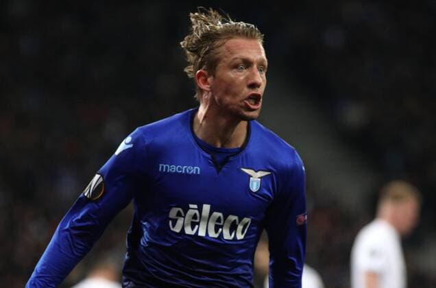 March 15, 2018 - Kiev, Ukraine - Lazio s Lucas Leiva celebrates the goal scored during the Europa League round of 16, soccer match between Dynamo Kiev and Lazio at the Olympic Stadium in Kiev. Ukraine, Thursday, March 15, 2018 Dynamo Kiev v Lazio - UEFA Europa League Round of 16: Second Leg  - ZUMAn230 20180315_zaa_n230_368 Copyright: xDanilxShamkinx