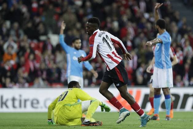 (L-R) *Inaki Williams Arthuer* of Athletic Club Bilbao during the Athletic Club Bilbao vs Olympique de Marseille, UEFA Europa League at San Mames Stadium in Bilbao on March 15, 2018. (© DAVID CANTIBRERA CORDON PRESS)  x©xDAVIDxCANTIBRERAx xx