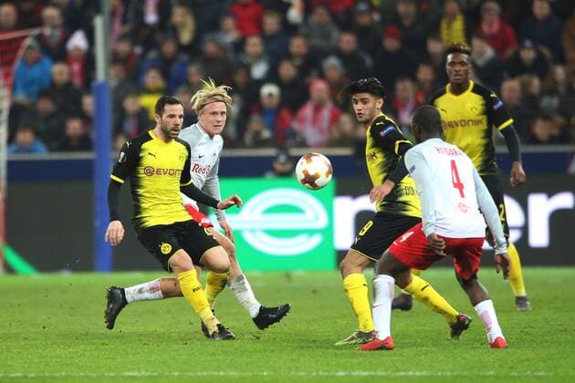 SOCCER - UEFA EL, RBS vs Dortmund SALZBURG,AUSTRIA,15.MAR.18 - SOCCER - UEFA Europa League, round of 16, Red Bull Salzburg vs Borussia Dortmund. Image shows Gonzalo Castro (Dortmund), Xaver Schlager (RBS), Mahmoud Dahoud (Dortmund) and Amadou Haidara (RBS). GEPAxpictures xMathiasxMandl