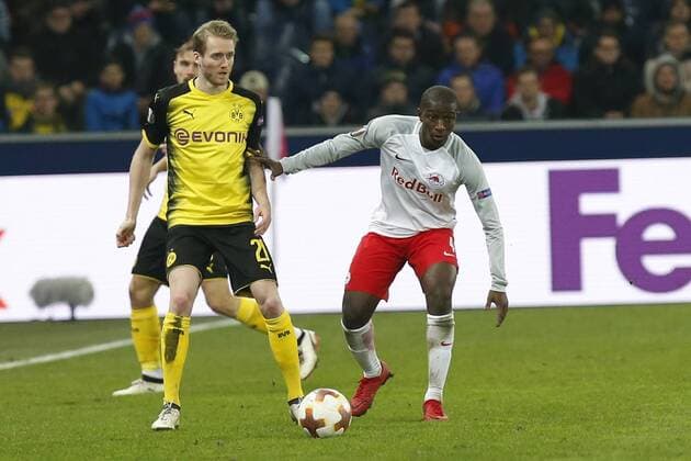 UEFA Europa League FC Salzburg vs Borussia Dortmund Andre Schuerrle (Borussia Dortmund) and Amadou Haidara (FC Salzburg) at the UEFA Europa League FC Salzburg vs Borussia Dortmund on March 15 2018 in Salzburg, Oesterreich,