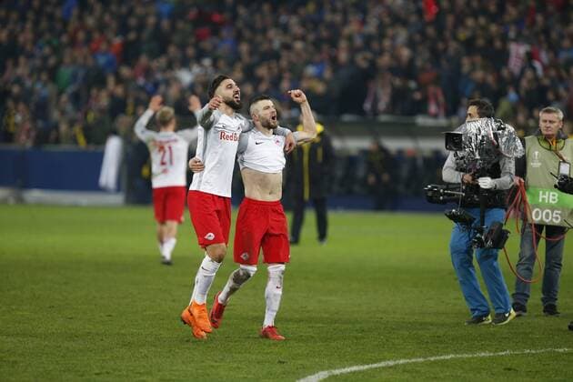UEFA Europa League FC Salzburg vs Borussia Dortmund Munas Dabbur (FC Salzburg) and Valon Berisha (FC Salzburg) at the UEFA Europa League FC Salzburg vs Borussia Dortmund on March 15 2018 in Salzburg, Oesterreich,