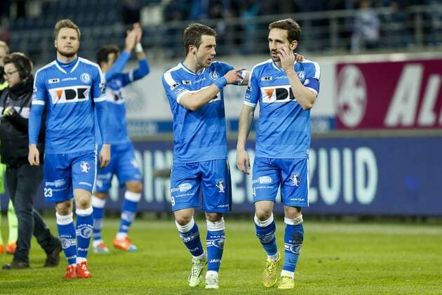 - GENT, BELGIUM: Gent s Brecht Dejaegere and Gent s Sven Kums pictured after the Jupiler Pro League match between KAA Gent and KV Kortrijk, in Gent, Sunday 05 April 2015, on the first day of the Play-off 1. KRISTOFxVANxACCOM x77603915x