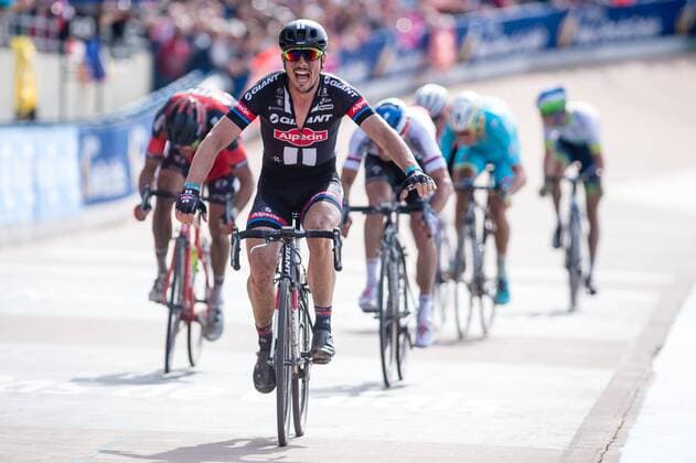 - ROUBAIX, FRANCE: German John Degenkolb of Team Giant-Alpecin celebrates after winning the Paris-Roubaix one day cycling race, 253,5 km from Compiegne to the Velodrome in Roubaix, Sunday 12 April 2015. LUCxCLAESSEN  x78195353x