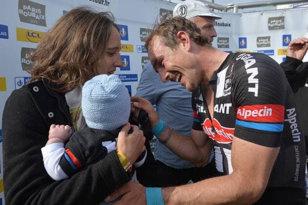 - ROUBAIX, FRANCE: German John Degenkolb of Team Giant-Alpecin pictured with his wife and kid after the Paris-Roubaix one day cycling race, 253,5 km from Compiegne to the Velodrome in Roubaix, Sunday 12 April 2015. POOLxPAPONxL EQUIPE  x78198997x
