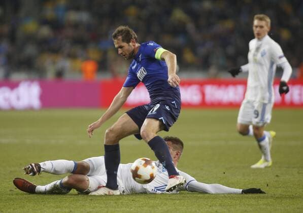 March 15, 2018 - Artem Besedin (D) of Dynamo vies for the ball with Senad LuliÄ¡ (U) of Lazio during the Europa League round 16 second leg football match between FC Dynamo Kyiv and SS Lazio, at the Olimpiyskyi stadium in Kyiv, Ukraine, March 15, 2018. Europa League round 16 second leg football match between FC Dynamo Kyiv and SS Lazio - ZUMAs334 82331930st Copyright: xAnatoliixStepanovx