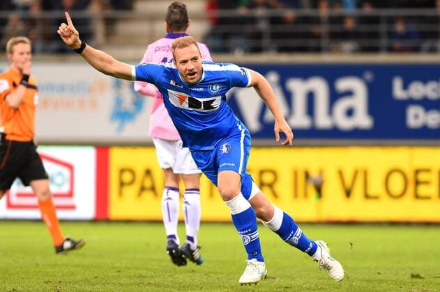 - GENT, BELGIUM: Gent s Laurent Depoitre celebrate after scoring the 1-0 goal during the Jupiler Pro League match between KAA Gent and RSC Anderlecht, Thursday 30 April 2015 in Gent, on the fifth day of the Play-off 1. LUCxCLAESSEN x80475014x