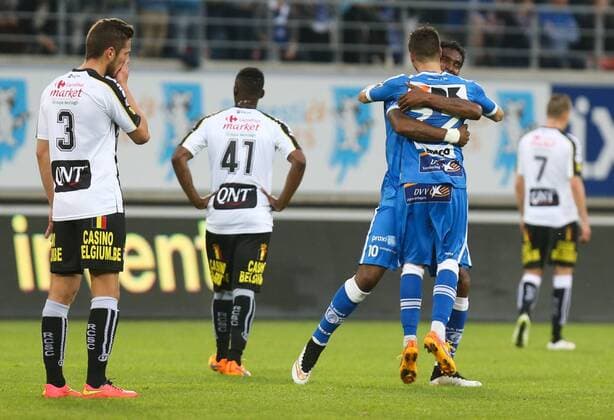 - GENT, BELGIUM: Gent s Renato Neto and Gent s Danijel Milicevic celebrate after scoring during the Jupiler Pro League match between KAA Gent and Sporting Charleroi, Friday 08 May 2015 in Gent, on the seventh day of the Play-off 1. VIRGINIExLEFOUR x80803187x