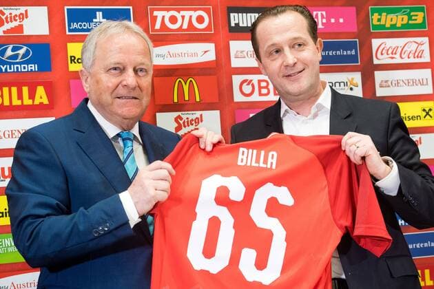 16.03.2018, Hilton Danube, Wien, AUT, OeFB, Pressekonferenz mit den Themen Laenderspieljahr 2018 und strategische Ausrichtung des OeFB, im Bild OeFB-Praesident Leo Windtner und Vorstandssprecher der BILLA AG Robert Nagele during media conference of the Austrian Football Association at the Hilton Danube in Vienna, 2018 03 16. Wien