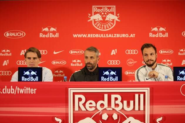 SOCCER - EL, RBS, press conference PK Pressekonferenz SALZBURG,AUSTRIA,16.MAR.18 - SOCCER - UEFA Europa League, Red Bull Salzburg, press conference. Image shows sports coordinator Christoph Freund, head coach Marco Rose and Andreas Ulmer (RBS). GEPAxpictures xMathiasxMandl