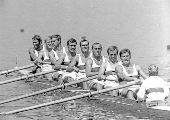 Olympische Sommerspiele 1968 in Mexiko-City. Der Deutschland - Achter und Goldmedaillengewinner im Vorlauf 15.10.1968.