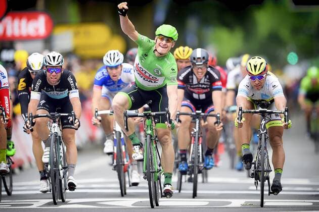 - AMIENS, FRANCE: German Andre Greipel of Lotto - Soudal (C) wins before 47 Slovakian Peter Sagan of Tinkoff-Saxo (R) and British Mark Cavendish of team Etixx - Quick-Step (L) the sprint at the finish of stage 5 of the 102nd edition of the Tour de France cycling race, 189,5 km from Arras to Amiens, France, Wednesday 08 July 2015. This year s Tour de France is taking place from 4 to 26 July. YORICKxJANSENS  x82711509x