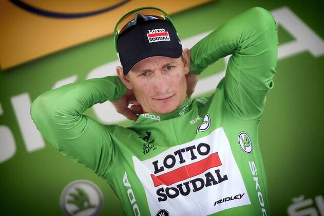 - AMIENS, FRANCE: German Andre Greipel of Lotto - Soudal celebrates on the podium in the green jersey of leader in the sprint ranking after winning stage 5 of the 102nd edition of the Tour de France cycling race, 189,5 km from Arras to Amiens, France, Wednesday 08 July 2015. This year s Tour de France is taking place from 4 to 26 July. YORICKxJANSENS  x82712272x