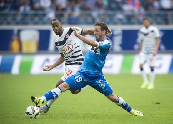 - GENT, BELGIUM: Gent s Brecht Dejaegere (R) fights for the ball during the gala match between Belgian first league soccer team KAA Gent and French Girondins de Bordeaux, Sunday 12 July 2015, in Gent. JASPERxJACOBS x82824569x