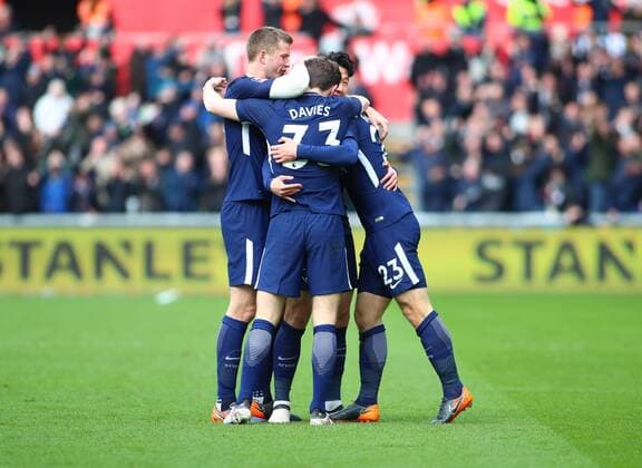 17th March 2018, Liberty Stadium, Swansea, Wales; FA Cup football, quarter-final, Swansea City versus Tottenham Hotspur; Christian Eriksen of Tottenham Hotspur celebrates with teammates after putting his side ahead early in the 1st half  ActionPlus12002278