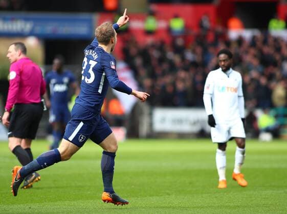 17th March 2018, Liberty Stadium, Swansea, Wales; FA Cup football, quarter-final, Swansea City versus Tottenham Hotspur; Christian Eriksen of Tottenham Hotspur celebrates putting his side 1-0 up in the 12th minute  ActionPlus12002279