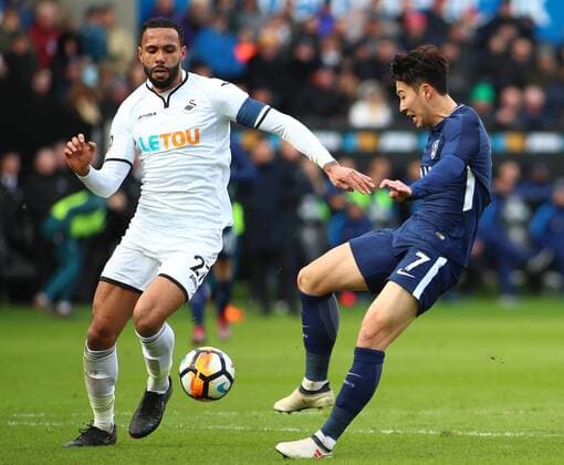 17th March 2018, Liberty Stadium, Swansea, Wales; FA Cup football, quarter-final, Swansea City versus Tottenham Hotspur; Son Heung-Min of Tottenham Hotspur gets a shot at goal under pressure from Kyle Bartley of Swansea City which goes in but was ruled out for offside  ActionPlus12002282