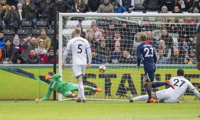Christian Eriksen of Tottenham Hotspur scores his side s first goal during the FA Cup Quarter Final match between Swansea City and Tottenham Hotspur at the Liberty Stadium, Swansea, Wales on 17 March 2018. Copyright: xMarkxxHawkinsx PMI-1893-0015