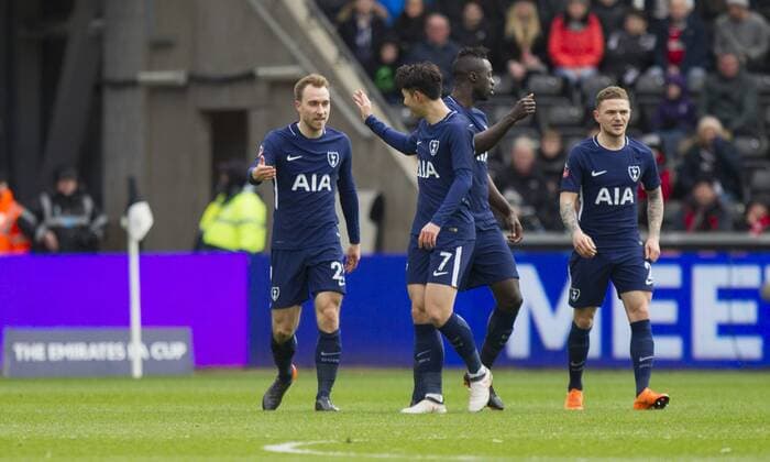 Christian Eriksen of Tottenham Hotspur (far left) celebrates scoring his side s first goal during the FA Cup Quarter Final match between Swansea City and Tottenham Hotspur at the Liberty Stadium, Swansea, Wales on 17 March 2018. Copyright: xMarkxxHawkinsx PMI-1893-0018