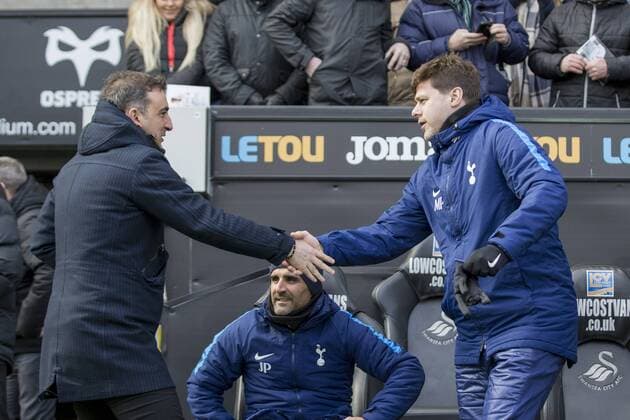 Swansea City head coach Carlos Carvalhal greets Tottenham manager Mauricio Pochettino ahead of the FA Cup Quarter Final match between Swansea City and Tottenham Hotspur at the Liberty Stadium, Swansea, Wales on 17 March 2018. Copyright: xMarkxxHawkinsx PMI-1893-0020