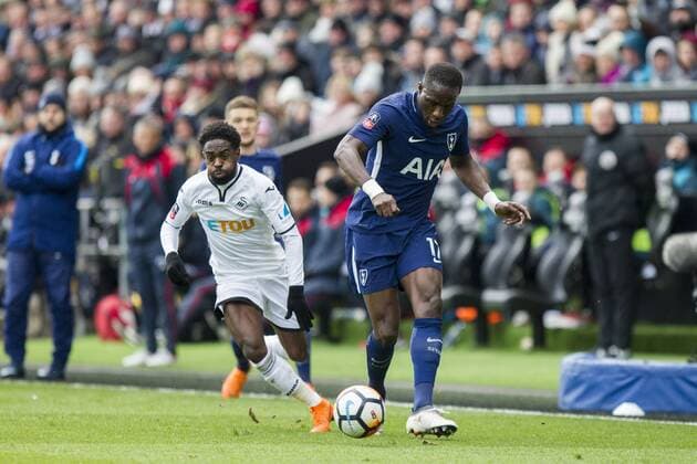Nathan Dyer of Swansea and Moussa Sissoko of Tottenham during the FA Cup Quarter Final match between Swansea City and Tottenham Hotspur at the Liberty Stadium, Swansea, Wales on 17 March 2018. Copyright: xMarkxxHawkinsx PMI-1893-0031