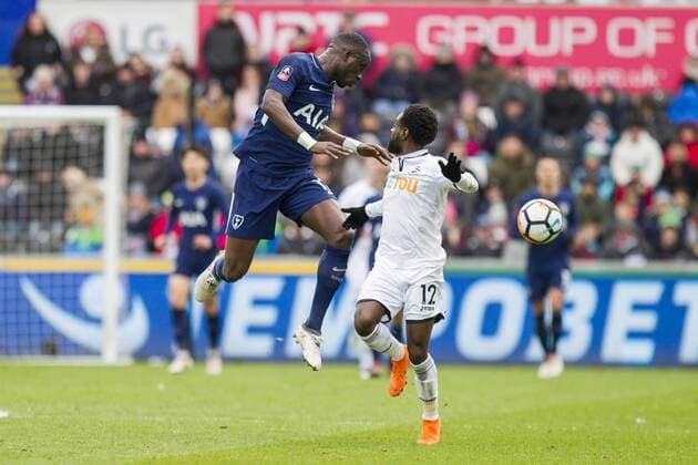 Moussa Sissoko and Nathan Dyer of Swansea City during the FA Cup Quarter Final match between Swansea City and Tottenham Hotspur at the Liberty Stadium, Swansea, Wales on 17 March 2018. Copyright: xMarkxxHawkinsx PMI-1893-0033