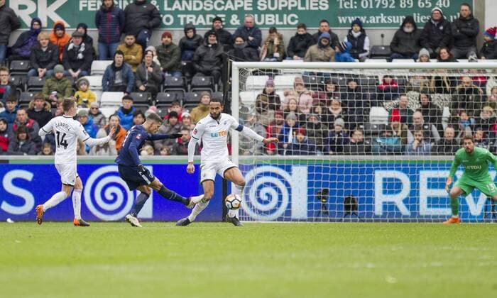 Erik Lamela of Tottenham scores his side s second goal during the FA Cup Quarter Final match between Swansea City and Tottenham Hotspur at the Liberty Stadium, Swansea, Wales on 17 March 2018. Copyright: xMarkxxHawkinsx PMI-1893-0034
