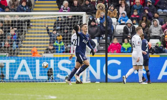 Erik Lamela of Tottenham celebrates scoring his side s second goal during the FA Cup Quarter Final match between Swansea City and Tottenham Hotspur at the Liberty Stadium, Swansea, Wales on 17 March 2018. Copyright: xMarkxxHawkinsx PMI-1893-0036