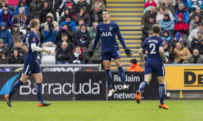 Erik Lamela of Tottenham celebrates scoring his side s second goal during the FA Cup Quarter Final match between Swansea City and Tottenham Hotspur at the Liberty Stadium, Swansea, Wales on 17 March 2018. Copyright: xMarkxxHawkinsx PMI-1893-0037