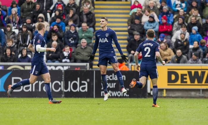 Erik Lamela of Tottenham celebrates scoring his side s second goal during the FA Cup Quarter Final match between Swansea City and Tottenham Hotspur at the Liberty Stadium, Swansea, Wales on 17 March 2018. Copyright: xMarkxxHawkinsx PMI-1893-0038