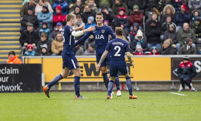 Erik Lamela of Tottenham celebrates scoring his side s second goal with Eric Dier and Kieran Trippier during the FA Cup Quarter Final match between Swansea City and Tottenham Hotspur at the Liberty Stadium, Swansea, Wales on 17 March 2018. Copyright: xMarkxxHawkinsx PMI-1893-0039