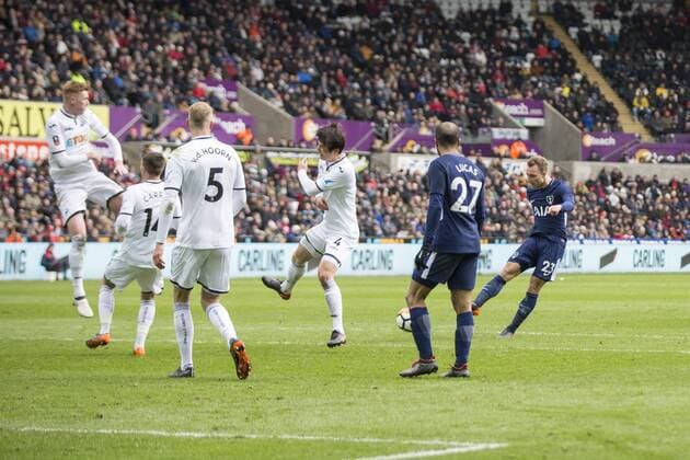 Christian Eriksen of Tottenham Hotspur scores his side s third goal during the FA Cup Quarter Final match between Swansea City and Tottenham Hotspur at the Liberty Stadium, Swansea, Wales on 17 March 2018. Copyright: xMarkxxHawkinsx PMI-1893-0040