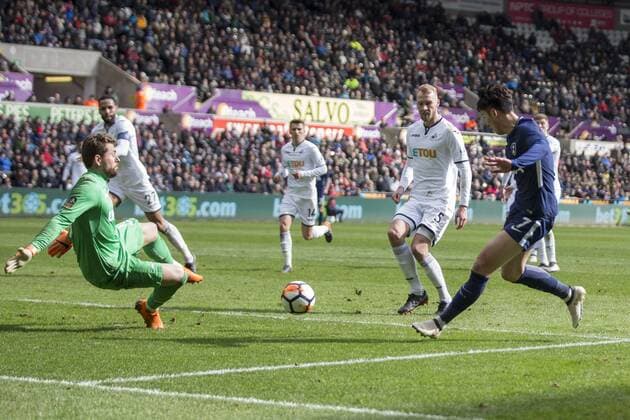 Son Heung-Min of Tottenham Hotspur sees his shot saved during the FA Cup Quarter Final match between Swansea City and Tottenham Hotspur at the Liberty Stadium, Swansea, Wales on 17 March 2018. Copyright: xMarkxxHawkinsx PMI-1893-0069