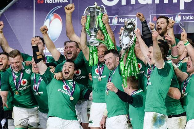 Ireland lift the 6 Nations Trophy and the Triple Crown after the Six Nations Championship match at Twickenham Stadium, London. Picture date: February 24th 2018. Picture credit should read: Charlie Forgham-Bailey Sportimage EDITORIAL USE ONLY. No use with unauthorised audio, video, data, fixture lists, club league logos or live services. Online in-match use limited to 120 images, no video emulation. No use in betting, games or single club league player publications.