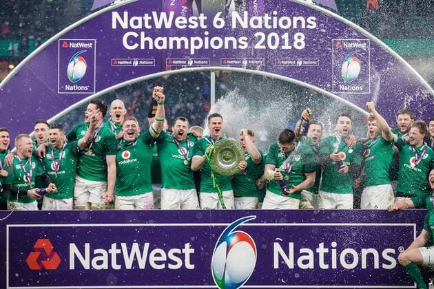 Ireland lift the 6 Nations Trophy and the Triple Crown after the Six Nations Championship match at Twickenham Stadium, London. Picture date: February 24th 2018. Picture credit should read: Charlie Forgham-Bailey Sportimage EDITORIAL USE ONLY. No use with unauthorised audio, video, data, fixture lists, club league logos or live services. Online in-match use limited to 120 images, no video emulation. No use in betting, games or single club league player publications.