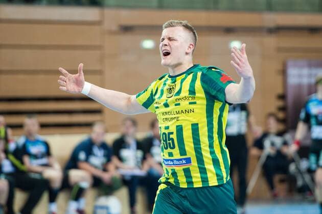 Jubel bei Jan von Boenigk (Nr.95, Hagen) HC Rhein Vikings vs. VfL Eintracht Hagen, Handball, 2. Bundesliga, 17.03.18 Düsseldorf NRW Deutschland Castello