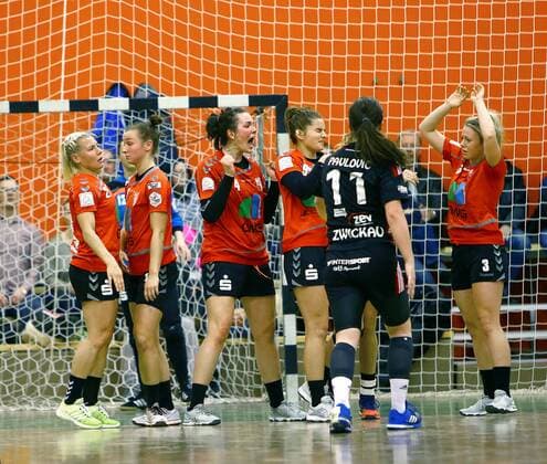 Freuten sich über den Punktgewinn: Sophie Lütke (Halle) , Swantje Heimburg (Halle) , Pia Dietz (Halle) , Laura Winkler (Halle) und Toni Reppe (Halle, v.l.n.r.) Handball Frauen 2.Liga 2017 18 BSV Sachsen Zwickau - SV Union Halle-Neustadt 23:23 am 17.3.2018 BSV Sachsen Zwickau - SV Union Halle-Neustadt