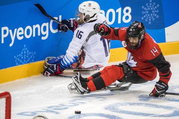 March 26, 2018 - Pyeongchang, South Korea - Declan FARMER (USA) and Steve ARSENAULT (CAN) during The Ice hockey Eishockey gold medal game between Canada and United States during day nine of the PyeongChang 2018 Paralympic Games on March 18, 2018 in Gangneung, South Korea. USA v Canada - Paralympic Games - Ice Hockey gold medal match  - ZUMAn230 20180326_zaa_n230_003 Copyright: xMauroxUjettox