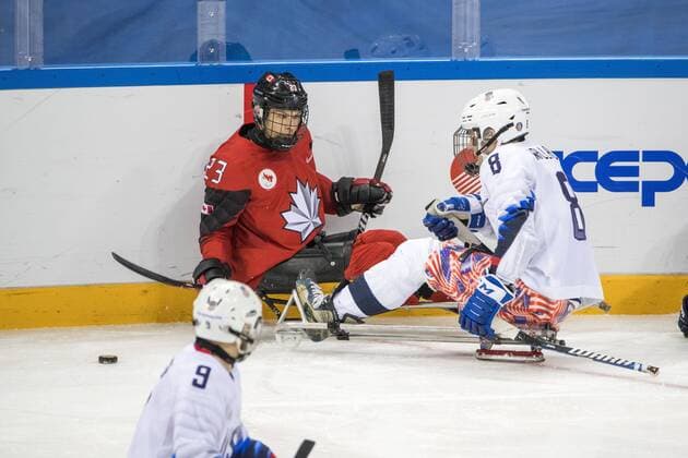 March 26, 2018 - Pyeongchang, South Korea - Travis DODSON (USA), Jack WALLACE (USA) and Liam HICKEY (CAN) during The Ice hockey Eishockey gold medal game between Canada and United States during day nine of the PyeongChang 2018 Paralympic Games on March 18, 2018 in Gangneung, South Korea. USA v Canada - Paralympic Games - Ice Hockey gold medal match  - ZUMAn230 20180326_zaa_n230_009 Copyright: xMauroxUjettox