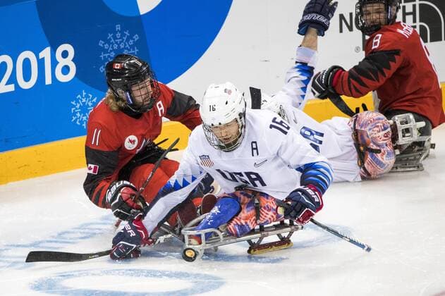 March 26, 2018 - Pyeongchang, South Korea - Adam DIXON (CAN) and Declan FARMER (USA) during The Ice hockey Eishockey gold medal game between Canada and United States during day nine of the PyeongChang 2018 Paralympic Games on March 18, 2018 in Gangneung, South Korea. USA v Canada - Paralympic Games - Ice Hockey gold medal match  - ZUMAn230 20180326_zaa_n230_025 Copyright: xMauroxUjettox