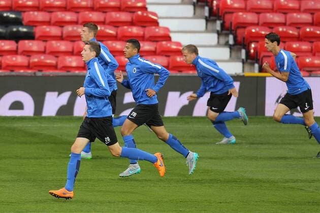 - MANCHESTER, UNITED KINGDOM: Club s players pictured during a training session of Belgian soccer team Club Brugge KV in Manchester, United Kingdom, Monday 17 August 2015. Tomorrow Club is playing British soccer club Manchester United ManU FC, the first leg game of the play-offs for the UEFA Champions League competition. BRUNOxFAHY x84299382x