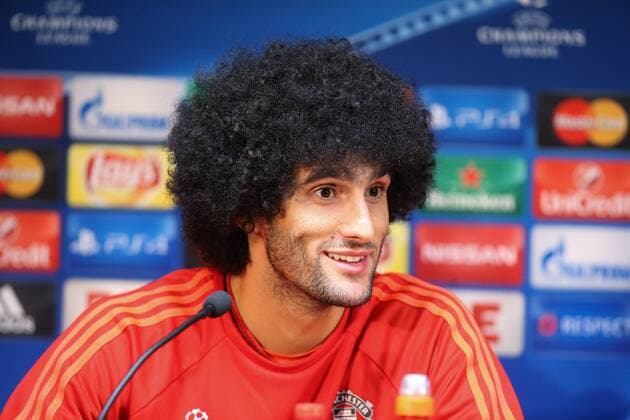 - BRUGGE, BELGIUM: Manchester s Marouane Fellaini pictured during a press conference PK Pressekonferenz of British soccer club Manchester United ManU in Brugge, Tuesday 25 August 2015. Tomorrow Belgian first league soccer team Club Brugge will play the return game of the play-offs of the Uefa Champions League competition against British soccer club Manchester United FC. Manchester United won the first leg 3-1. BRUNOxFAHY x84609093x