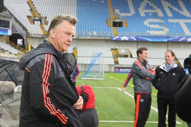 - BRUGGE, BELGIUM: Manchester s head coach Louis van Gaal arrives for a training session of British soccer club Manchester United ManU in Brugge, Tuesday 25 August 2015. Tomorrow Belgian first league soccer team Club Brugge will play the return game of the play-offs of the Uefa Champions League competition against British soccer club Manchester United FC. Manchester United won the first leg 3-1. BRUNOxFAHY x84611008x