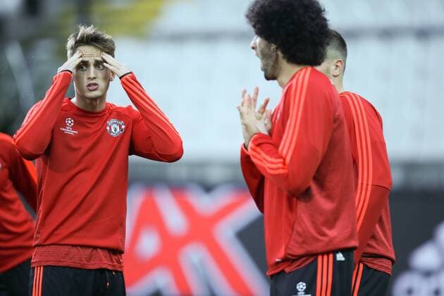 - BRUGGE, BELGIUM: Manchester s Adnan Januzaj and Manchester s Marouane Fellaini pictured during a training session of British soccer club Manchester United ManU in Brugge, Tuesday 25 August 2015. Tomorrow Belgian first league soccer team Club Brugge will play the return game of the play-offs of the Uefa Champions League competition against British soccer club Manchester United FC. Manchester United won the first leg 3-1. BRUNOxFAHY  x84611416x